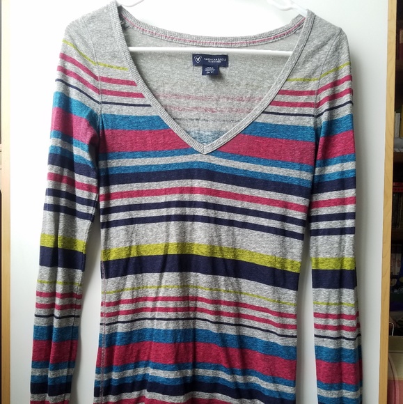 American Eagle gray multi-colored stripe top - Picture 1 of 3